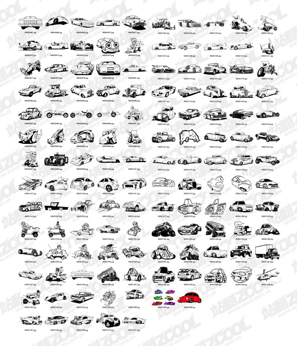 132 の古典的な黒と白の漫画車パターン ベクター材料