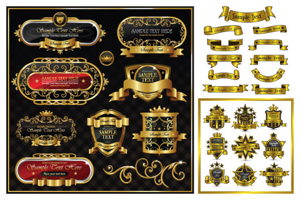 豪華な金色のリボン ラベルのパターン ベクター材料