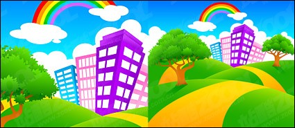 緑の丘虹ベクター風景 - 無料ベクターの都市