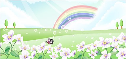 蝶と花の虹の空ベクター風景 - 無料ベクター