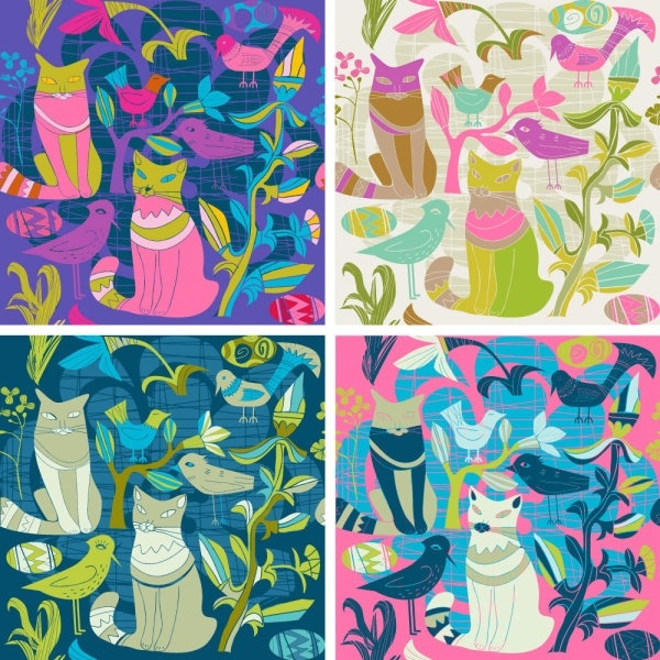 漫画スタイルの装飾的な鳥と猫 02 ベクター無料ベクター 2.79 MB