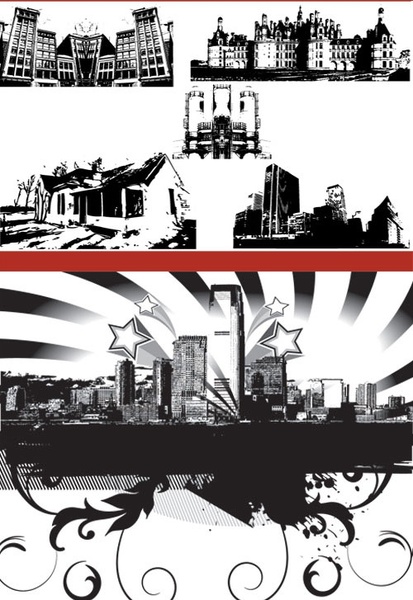 黒と白のシルエット都市建築ベクター無料ベクター 3.40 MB