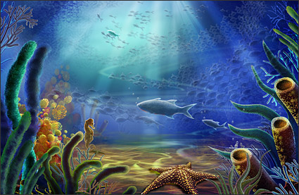 水中世界 - ヒトデ, 海馬, 魚, 海藻 psd 層状材料
