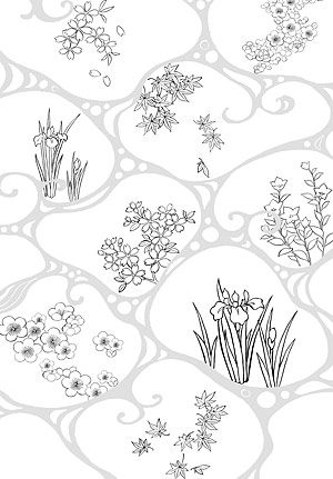 ベクター線画花 47(Flowing water, flowers, leaves) の
