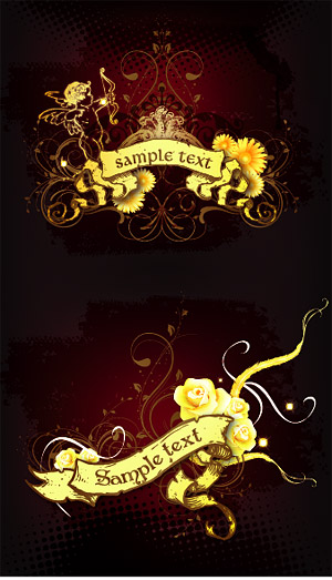 2 つの豪華なゴールデン バナー大陸パターン ベクター材料