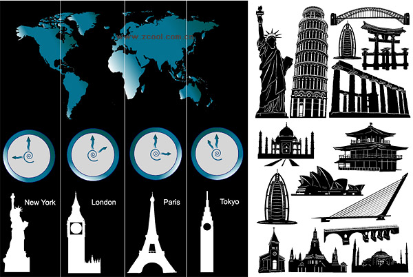 世界的に有名建築とタイム ゾーンのベクター素材