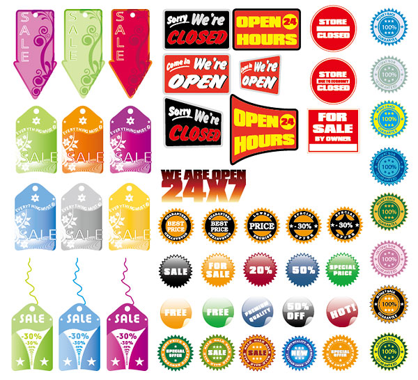 販売、割引、タグ、ステッカー ベクター