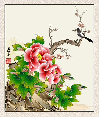牡丹の花の絵画ベクター カササギ 無料素材イラスト ベクターのフリーデザイナー