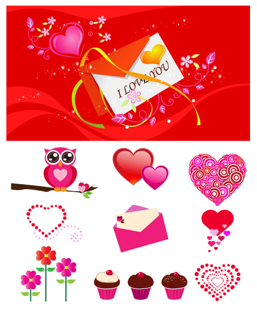 愛の手紙、バレンタインの日、フクロウ、ケーキ ベクトル