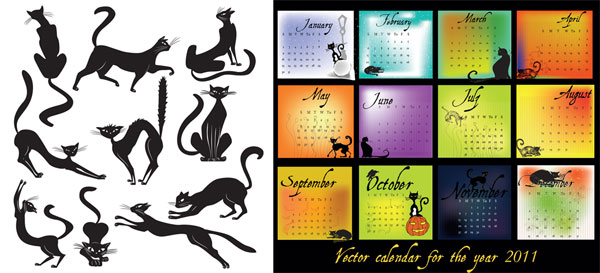 2011 年カレンダー ベクター素材の黒い猫テーマ